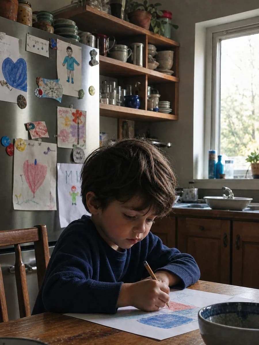 A child drawing at a lived-in family kitchen table.